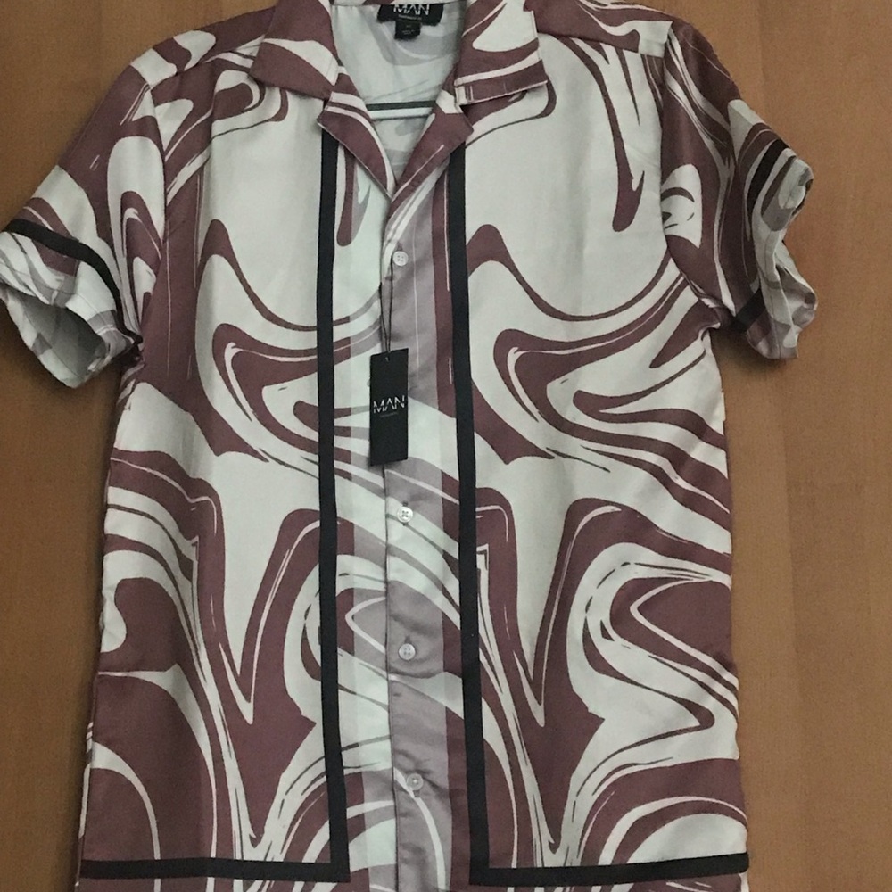 Brown and White Casual Button Down Shirt with Artistic Design